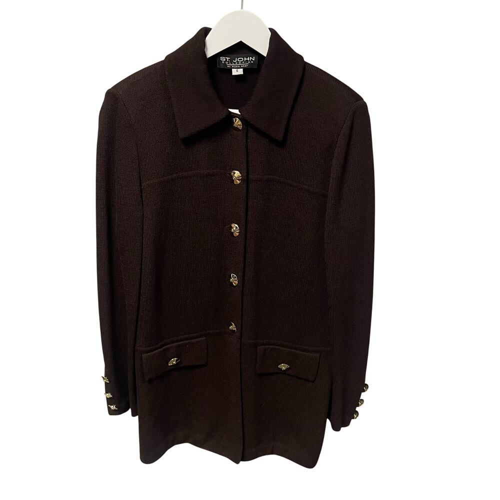 Vintage St. John Collection Dark Brown Santana Knit Button Front Jacket Womens 6